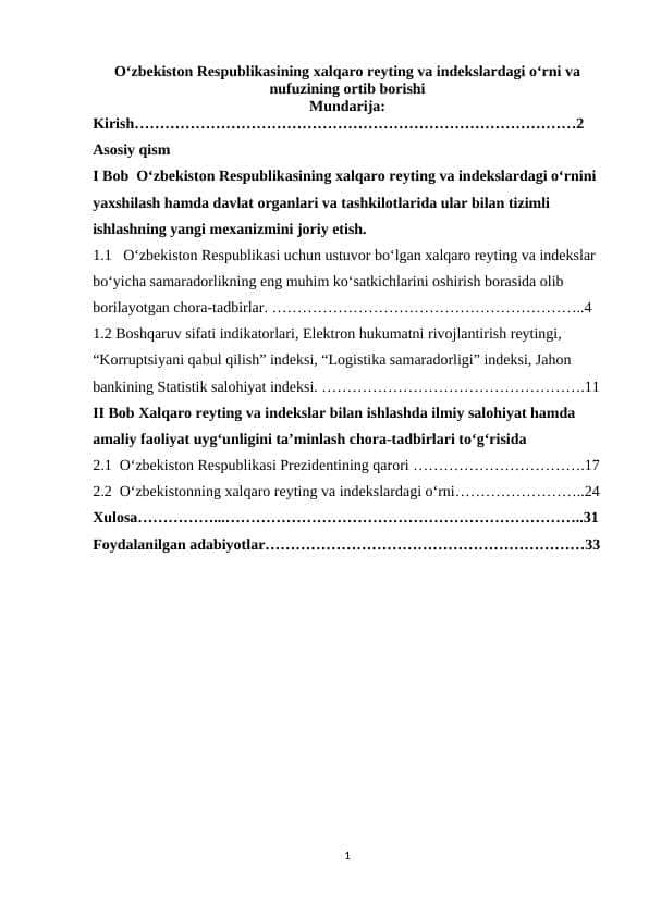 O‘zbekiston Respublikasining xalqaro reyting va indekslardagi o‘rni va nufuzining ortib borishi