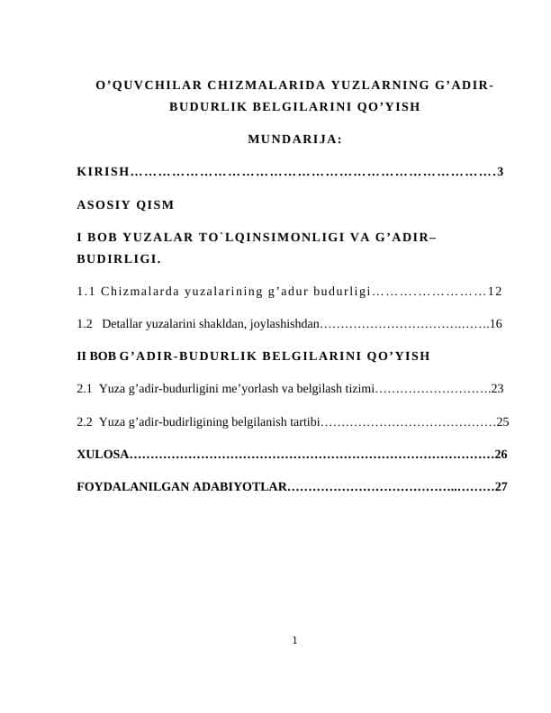 O’QUVCHILAR CHIZMALARIDA YUZLARNING G’ADIR-BUDURLIK BELGILARINI QO’YISH