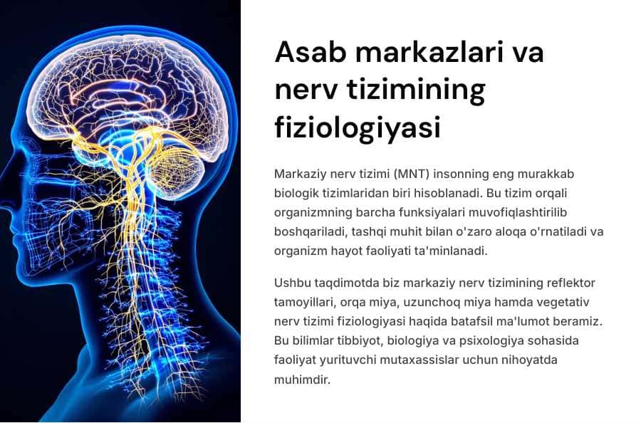 Asab markazlari. Markaziy nerv tizimining reflector tamoyili. Orqa miya ,uzunchoq miya va vegetativ nerv tizimi fiziologiyasi.