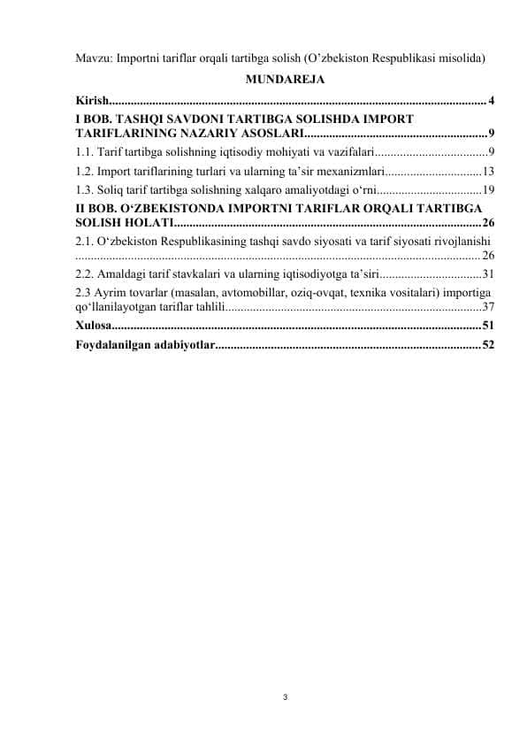 Importni tariflar orqali tartibga solish (O’zbekiston Respublikasi misolida)