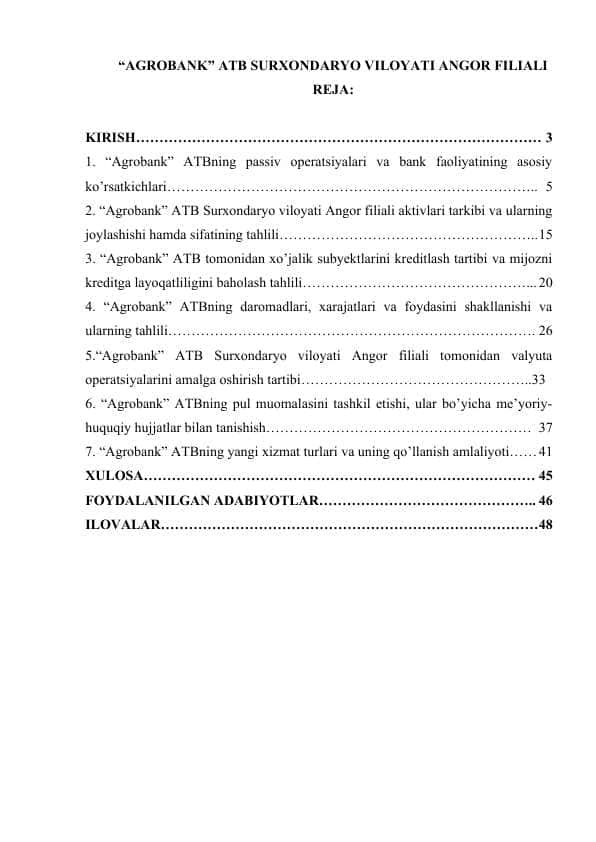 “AGROBANK” ATB SURXONDARYO VILOYATI ANGOR FILIALI. Amaliyot hisoboti