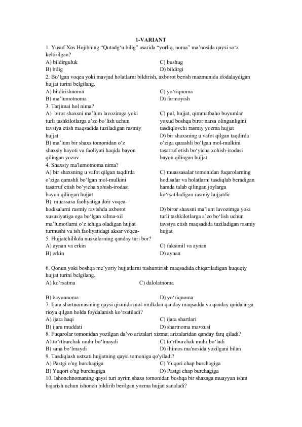 Davlat tilida ish yuritish fanidan variantli test 1- variant