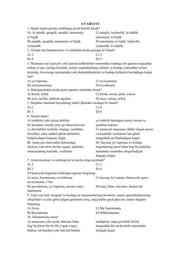 Davlat tilida ish yuritishdan variantli test 4-variant