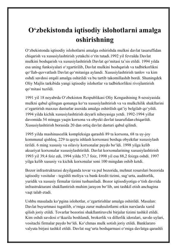 Oʻzbekistonda Iqtisodiy Islohotlar: 2020-2024 Yillardagi Yangilanishlar va Natijalar" - 1-Kurs Talabalari uchun Tayyor Referat | Word Formatda Yuklab Olish