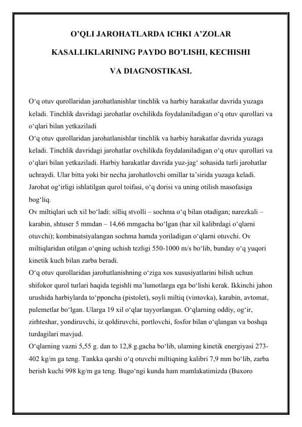 O’QLI JAROHATLARDA ICHKI A’ZOLAR KASALLIKLARINING PAYDO BO’LISHI, KECHISHI VA DIAGNOSTIKASI