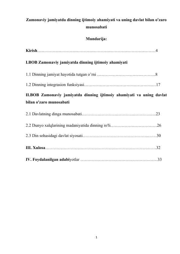 Zamonaviy jamiyatda dinning ijtimoiy ahamiyati va uning davlat bilan o'zaro munosabati