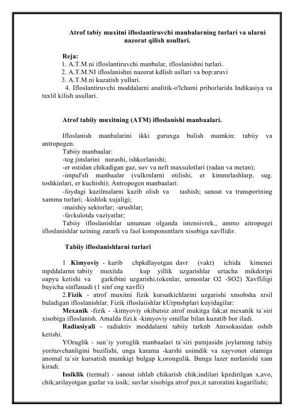 Atrof tabiy muxitni ifloslantiruvchi manbalarning turlari va ularni nazorat qilish usullari