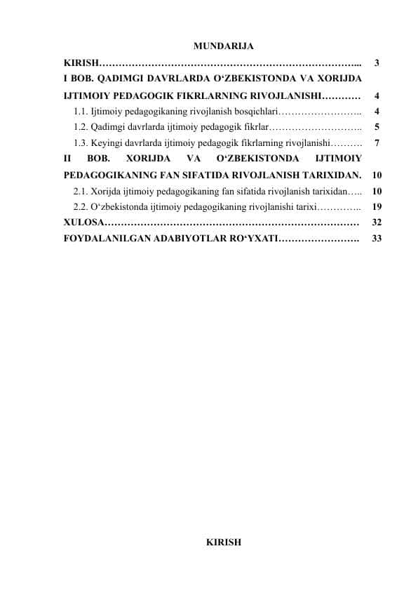 kurs ishi Qadimgi davrlarda O‘zbekistonda va Xorijda ijtimoiy pedagogik fikrlarning rivojlanishi.