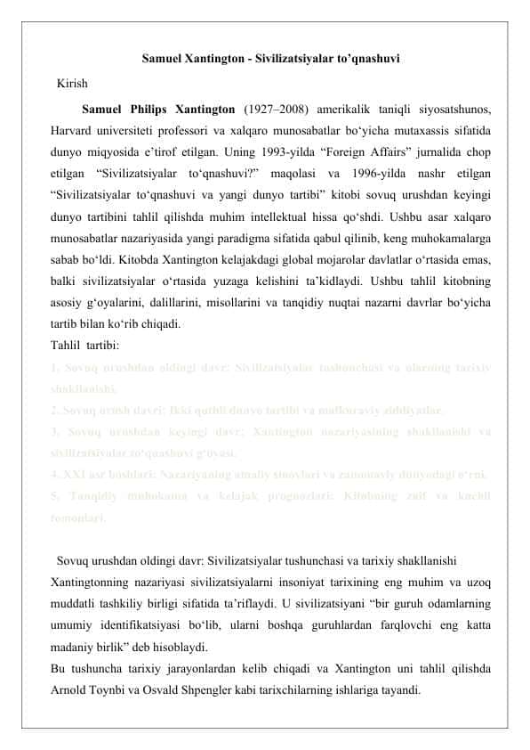 Samuel Xantington - Sivilizatsiyalar to’qnashuvi