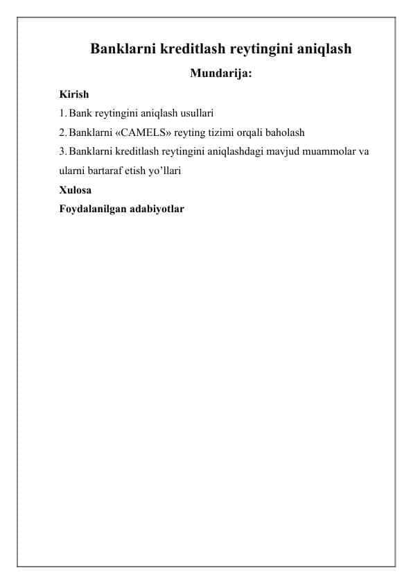 Banklarni kreditlash reytingini aniqlash