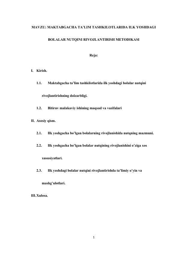MAKTABGACHA TA’LIM TASHKILOTLARIDA ILK YOSHDAGI BOLALAR NUTQINI RIVOJLANTIRISH METODIKASI