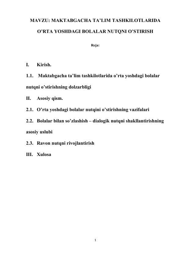 MAKTABGACHA TA’LIM TASHKILOTLARIDA O’RTA YOSHDAGI BOLALAR NUTQNI O’STIRISH