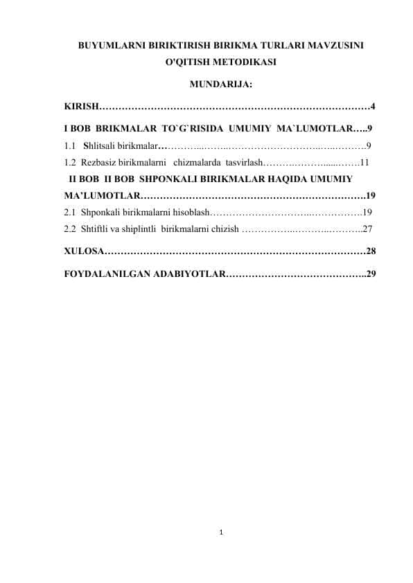 BUYUMLARNI BIRIKTIRISH BIRIKMA TURLARI MAVZUSINI O'QITISH METODIKASI
