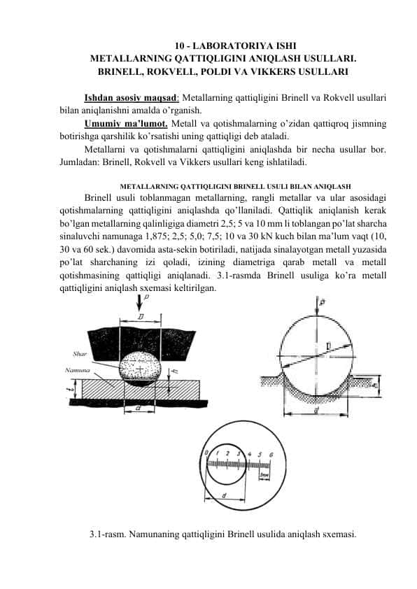Metallаrning QattiQligini aniQlash Usullari. Brinell, ROKVELL, POLDI VA Vikkers usulLARi