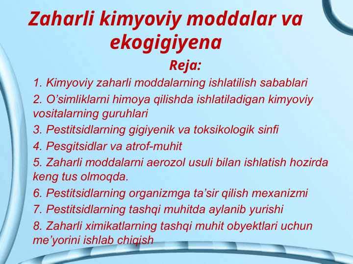 Zaharli kimyoviy moddalar va ekogigiyena
