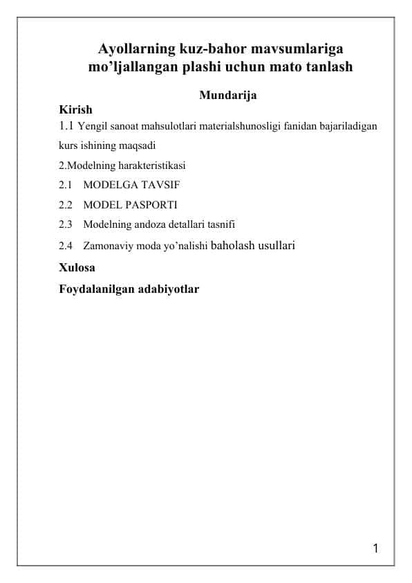 Ayollarning kuz-bahor mavsumlariga mo’ljallangan plashi uchun mato tanlash