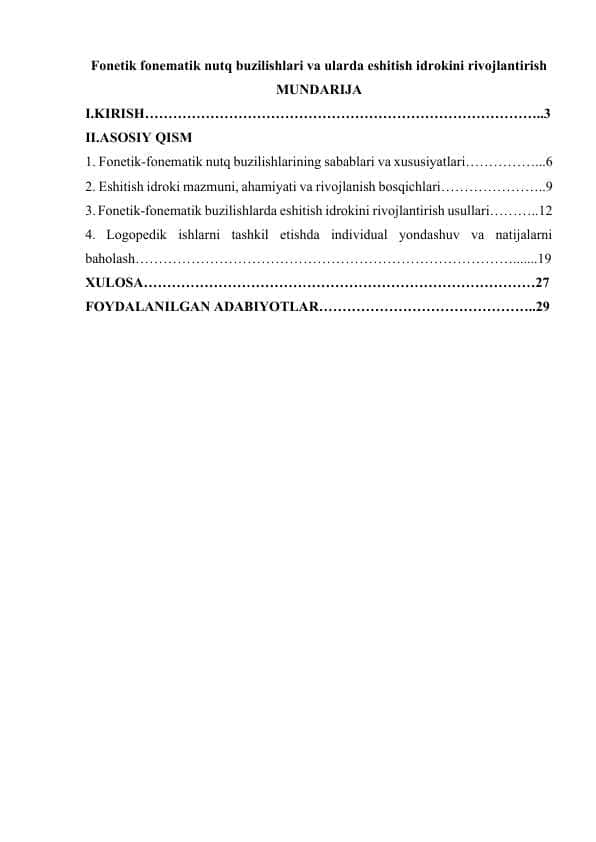 Fonetik fonematik nutq buzilishlari va ularda eshitish idrokini rivojlantirish
