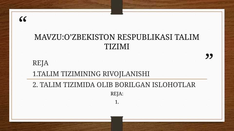 O’ZBEKISTON RESPUBLIKASI TALIM TIZIMI