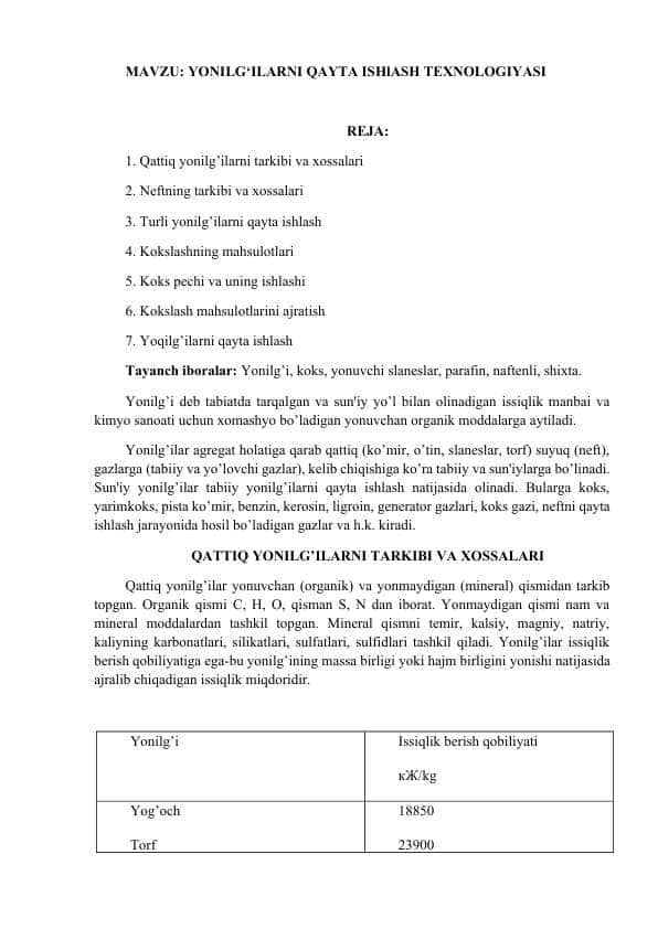 YONILG‘ILARNI QAYTA ISHlASH TEXNOLOGIYASI