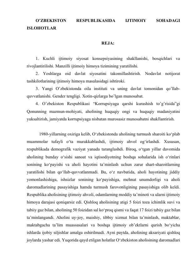 O’ZBEKISTON RESPUBLIKASIDA IJTIMOIY SOHADAGI ISLOHOTLAR