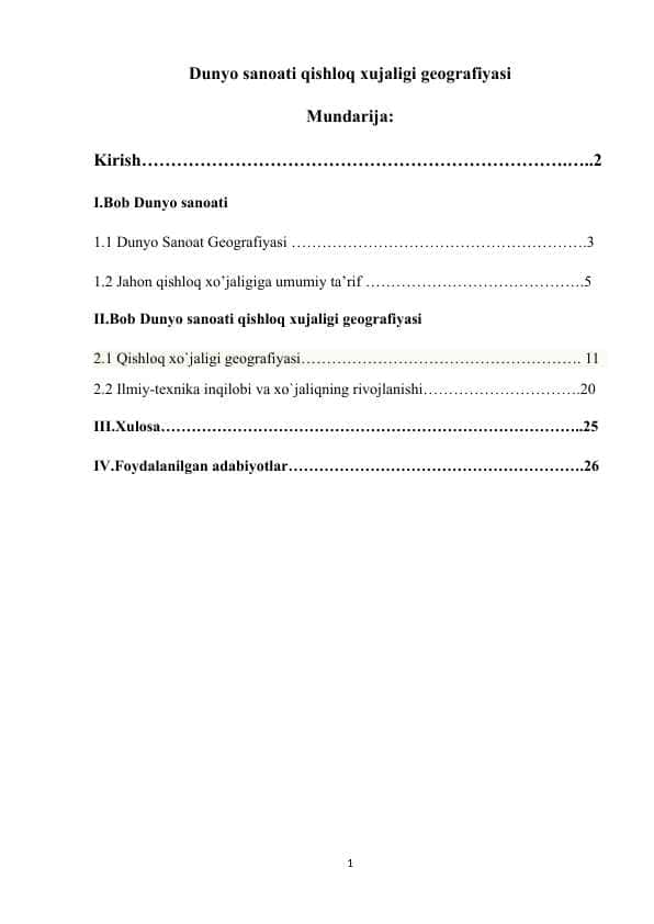 Dunyo sanoati qishloq xujaligi geografiyasi