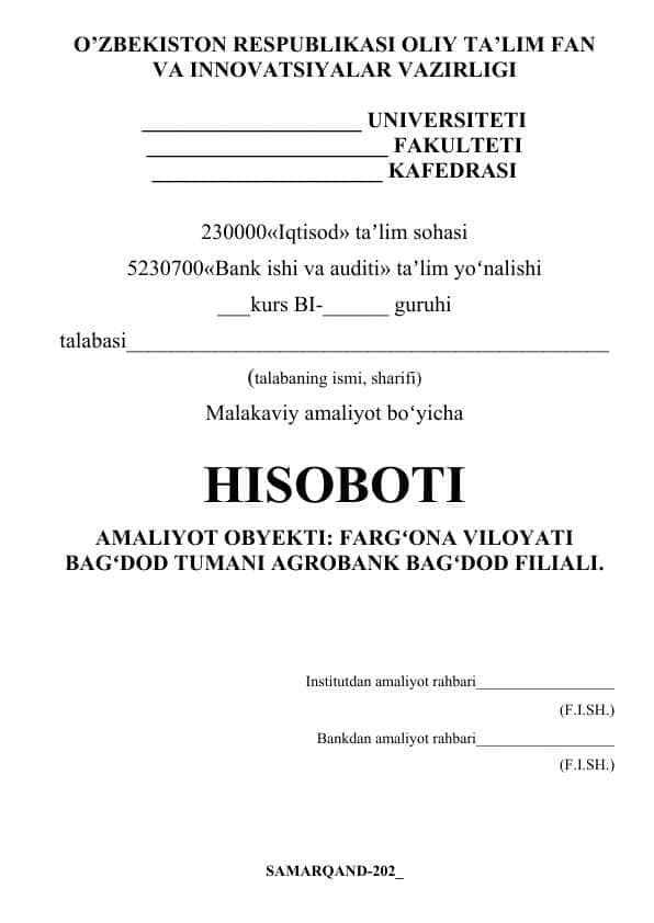 Amaliyot hisoboti_FARGʻONA VILOYATI BAGʻDOD TUMANI AGROBANK BAGʻDOD FILIALI
