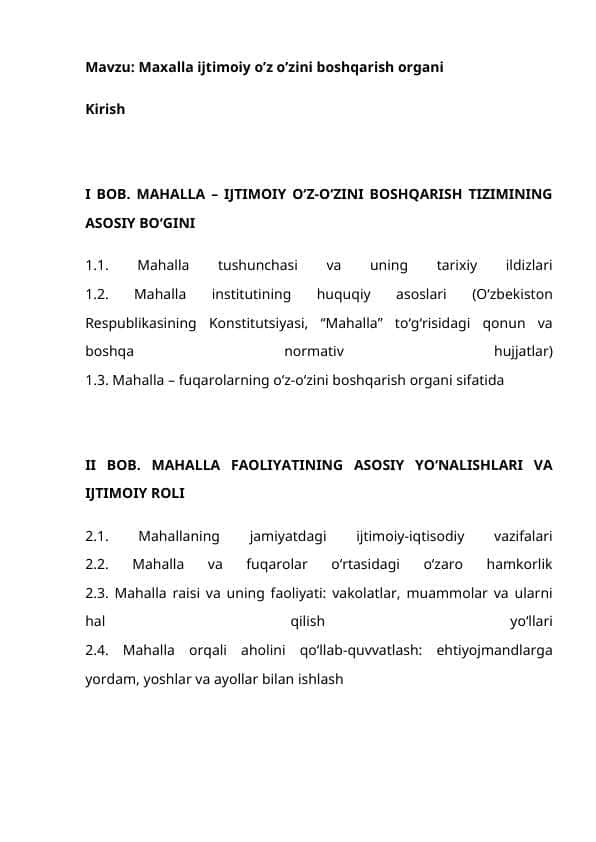 Maxalla ijtimoiy o’z o’zini boshqarish organi