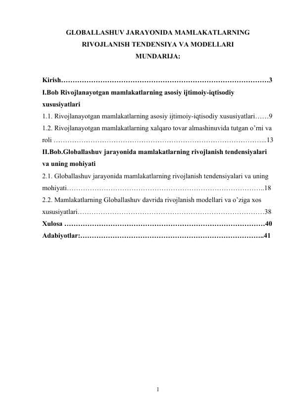GLOBALLASHUV JARAYONIDA MAMLAKATLARNING RIVOJLANISH TENDENSIYA VA MODELLARI