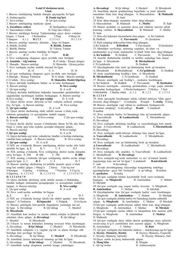 9-sinf O'zbekiston tarixi testlar