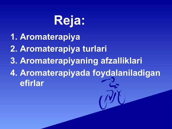 Aromaterapiya . Aromaterapiya turlari . Aromaterapiyaning afzalliklari . Aromaterapiyada foydalaniladigan efirlar