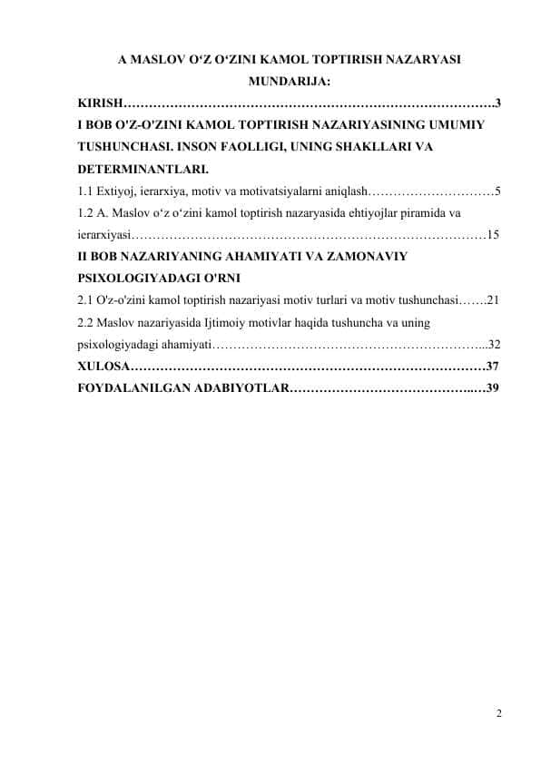 A MASLOV OʻZ OʻZINI KAMOL TOPTIRISH NAZARYASI