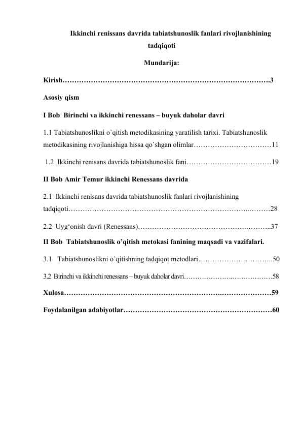 Ikkinchi renissans davrida tabiatshunoslik fanlari rivojlanishining tadqiqoti