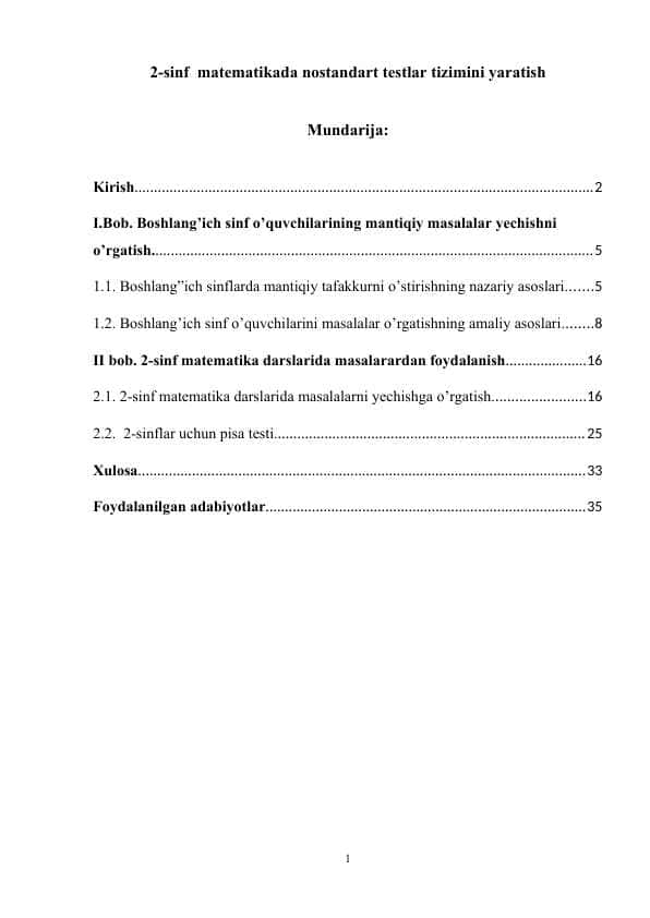 2-sinf matematikada nostandart testlar tizimini yaratish