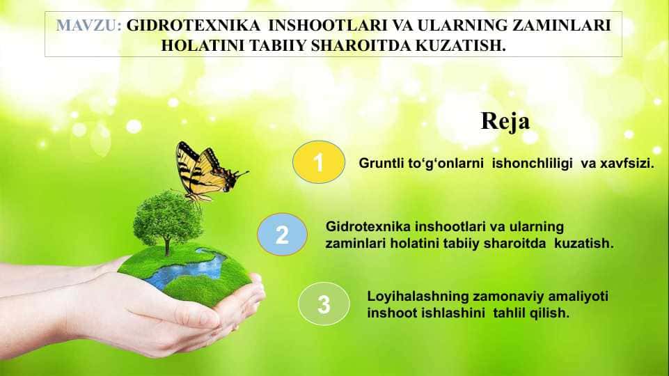 GIDROTEXNIKA INSHOOTLARI VA ULARNING ZAMINLARI HOLATINI TABIIY SHAROITDA KUZATISH