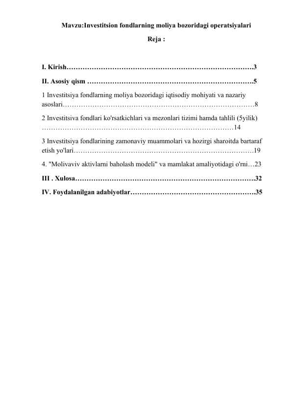 Investitsion fondlarning moliya bozoridagi operatsiyalari
