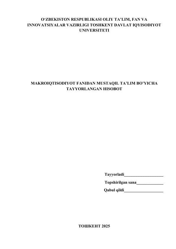 Shvetsariya makroiqtisodiyot fanidan musta'qil ta'lim bo'yicha hisobot