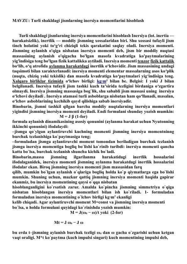Turli shakldagi jismlarning inersiya momentlarini hisoblash