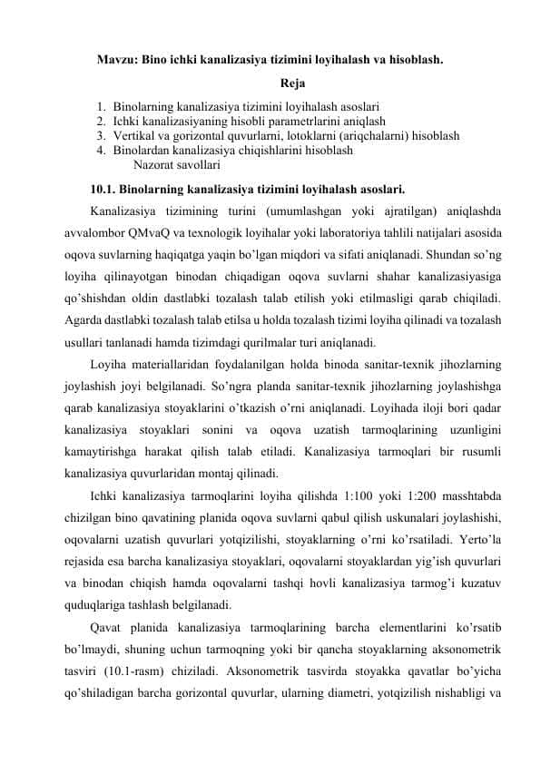 Bino ichki kanalizasiya tizimini loyihalash va hisoblash