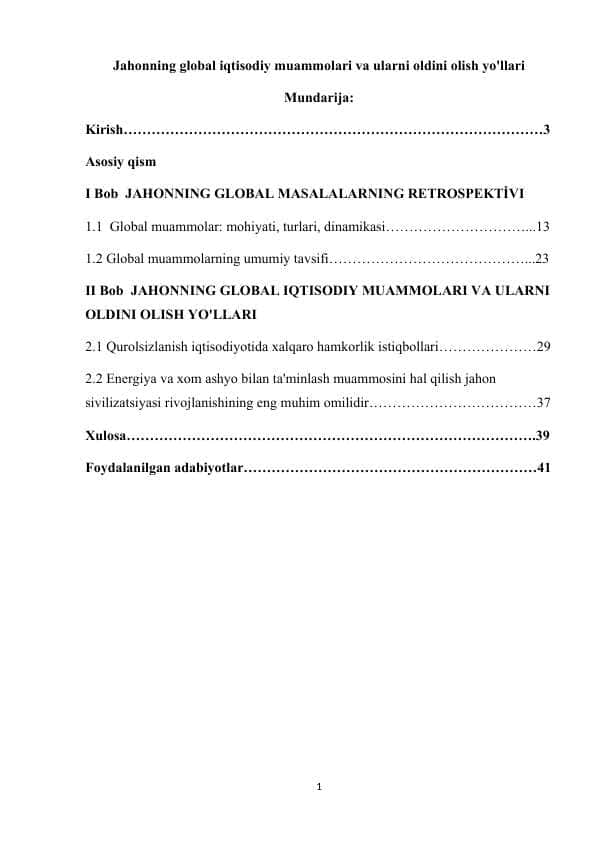 Jahonning global iqtisodiy muammolari va ularni oldini olish yo'llari