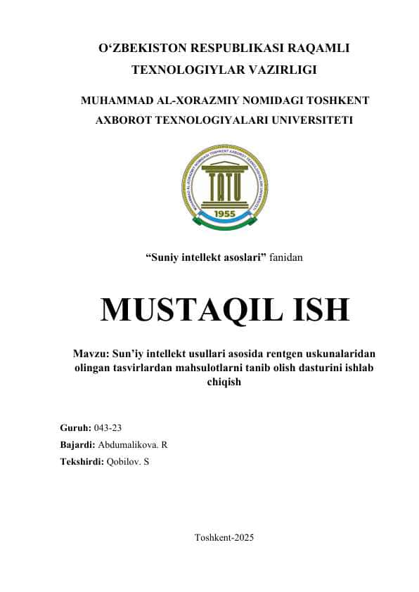 Sun’iy intellekt usullari asosida rentgen uskunalaridan olingan tasvirlardan mahsulotlarni tanib olish dasturini ishlab chiqish