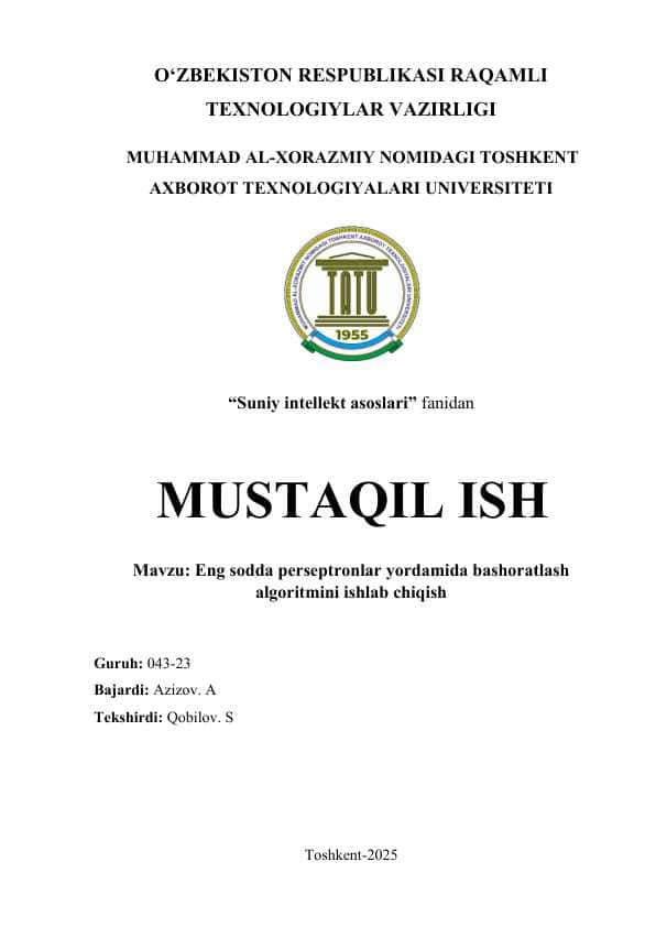 Eng sodda perseptronlar yordamida bashoratlash algoritmini ishlab chiqish