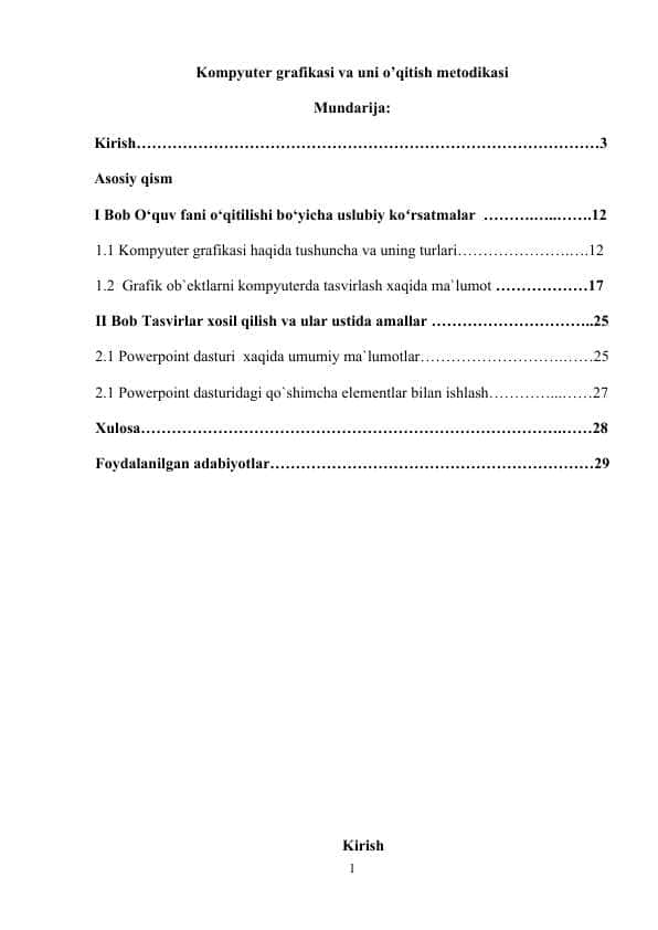 Kompyuter grafikasi va uni o’qitish metodikasi