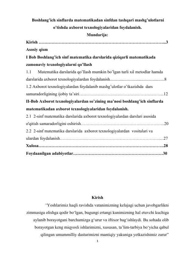 Boshlang’ich sinflarda matematikadan sinfdan tashqari mashg’ulotlarni o’tishda axborot texnologiyalaridan foydalanish