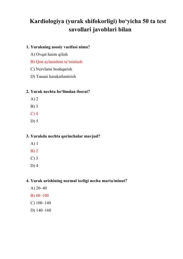 Kardiologiya (yurak shifokorligi) bo‘yicha 50 ta test savollari javoblari bilan
