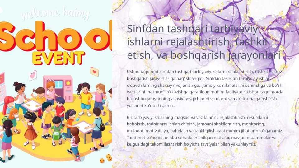 Sinfdan tashqari tarbiyaviy ishlarni rejalashtirish, tashkil etish, va boshqarish jarayonlari