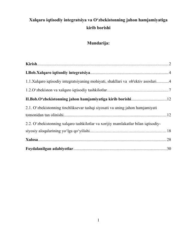 Xalqaro iqtisodiy integratsiya va Oʻzbekistonning jahon hamjamiyatiga kirib borishi