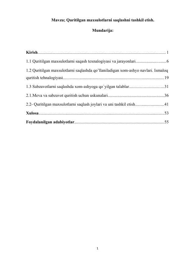 Quritilgan maxsulotlarni saqlashni tashkil etish.