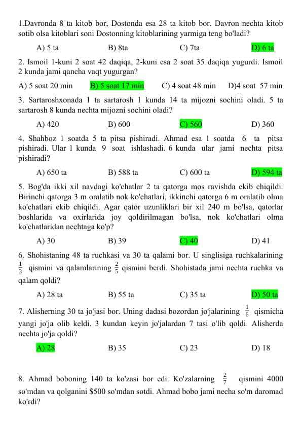Prezident maktabiga tayyorgarlik Matematika 3-4-sinf test