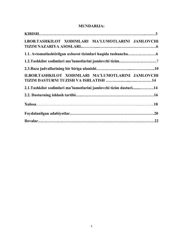 Kurs ishi Tashkilot xodimlari ma’lumotlarini jamlovchi tizim