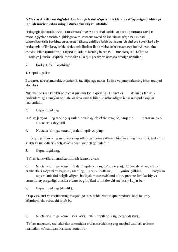 Mavzu Amaliy mashg’ulot: Boshlangich sinf o’quvchilarida muvaffaqiyatga erishishga intilish motivini shaxsning ustuvor xususiyati sifatida.